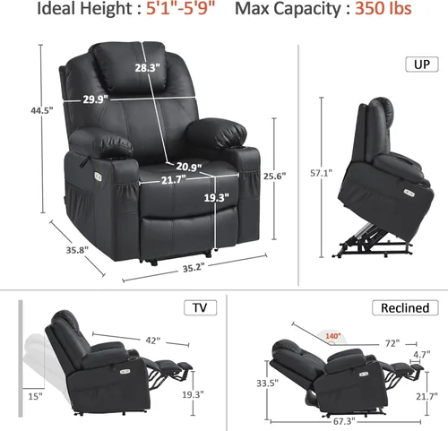 Miniatura 3 de MCombo Power Lift - Silla reclinable para personas mayores, silla elevadora con calor y masaje, certificación FSC, puertos USB, portavasos, piel