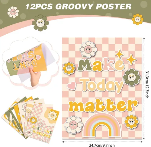 Miniatura 2 de Nezyo 12 pósteres retro Groovy para aula, diseño de flores hippie bohemias, decoración de tablón de anuncios, póster educativo para guardería