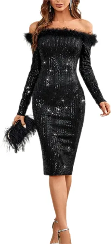 NOYIVA Vestido ajustado de manga larga con lentejuelas y un solo hombro para mujer, vestido de cóctel brillante para fiesta de noche
