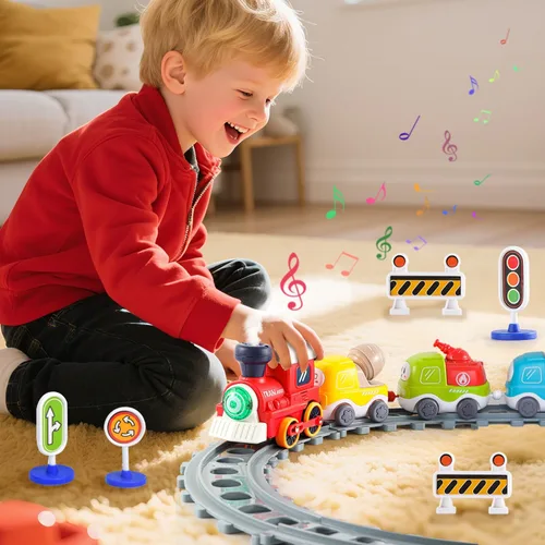 Miniatura 7 de Juego de tren eléctrico para niños pequeños, juguetes de tren con luces, sonido musical realista, espray de vapor, señal de tráfico, conexión