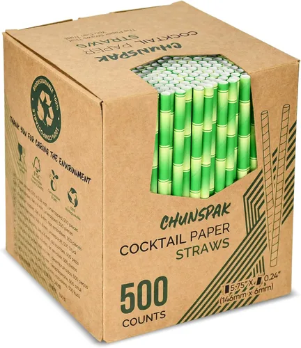 Miniatura 11 de 14,6 cm x 0,79 cm Pajitas de papel desechables de bambú verde para bebidas cortas, cócteles mezclados, margaritas, licuados y batidos - Sin embalar