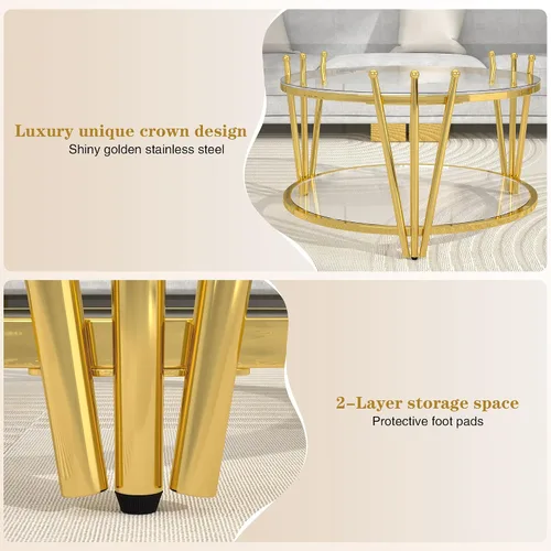 Miniatura 5 de Mesa de centro redonda de cristal dorado de 31.5 pulgadas para sala de estar, diseño moderno de corona de acero inoxidable, mesa de centro pequeña