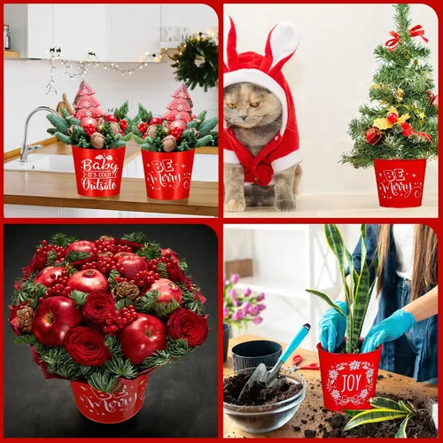 Miniatura 6 de Hoolerry 16 macetas de Navidad para jardinería, accesorios galvanizados, cubo de metal rojo de 6 pulgadas, macetas de flores galvanizadas