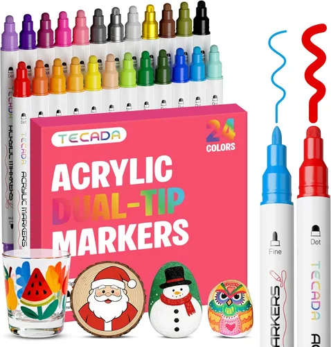 TEDECA - Marcadores de pintura acrílica de 24 colores, bolígrafos de pintura acrílica de doble punta para tela, piedra, cerámica, vidrio, madera,