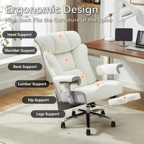 Miniatura 8 de Efomao Silla de oficina grande y alta con reposapiés, silla ejecutiva de respaldo alto de 450 libras con cojín de resorte, tapicería de piel Blanco