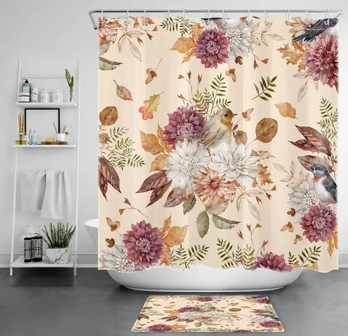 Miniatura 28 de LB Cortina de ducha de flores blancas y moradas para baño, lindo pájaro y hojas de otoño sobre tela beige con ganchos, juego botánico floral
