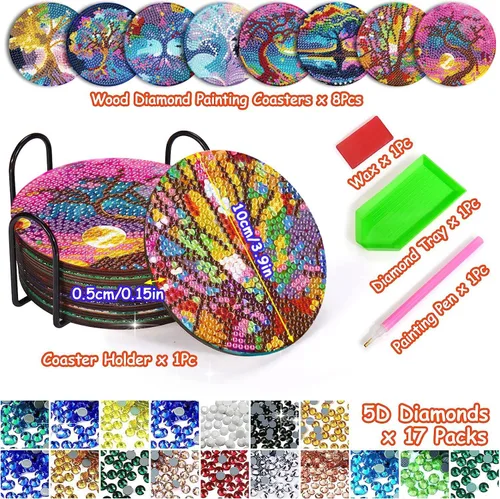 Miniatura 2 de Juego de 8 posavasos de pintura de diamantes, posavasos de pintura de diamante 5D, posavasos de arte de diamante con soporte, posavasos