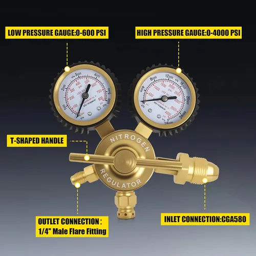 Miniatura 2 de Regulador de nitrógeno 0-800 PSI CGA580 con doble calibre y manguera reforzada de 60 pulgadas, salida de llamarada macho de 1/4 pulgadas - Regulador