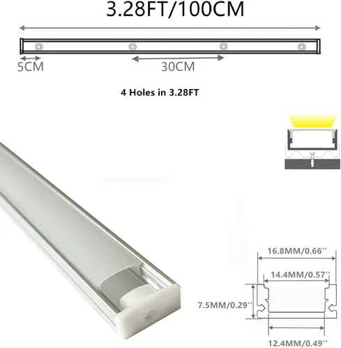 Miniatura 2 de Paquete de 10 tiras LED preperforadas con agujero avellanado de 3.3 pies, difusor de canal en U, sierra para metales, fácil de cortar, ajustada