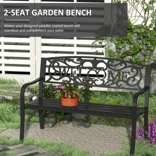 Miniatura 4 de Outsunny Banco de bienvenida de metal para exteriores de 50 pulgadas, banco de jardín con asiento de listones, banco de patio para parque, porche
