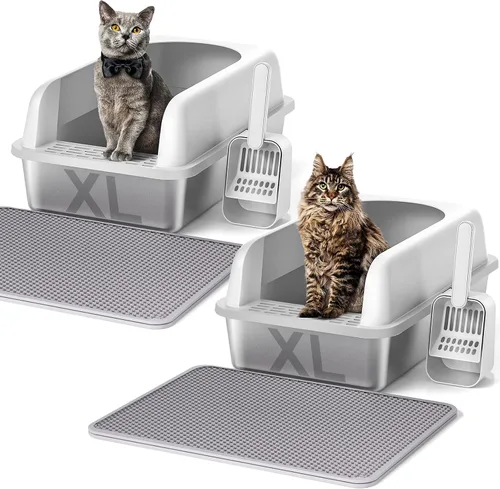 Miniatura 12 de Henkelion Caja de arena para gatos de acero inoxidable con tapa, caja de arena extra grande para gatos grandes con lados altos, antiadherente
