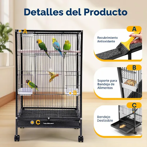 Miniatura 3 de VIVOHOME - Jaula de hierro forjado de 30 pulgadas de altura con soporte rodante para loros, cotorras, agapornis, cacatúas