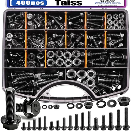 Taiss 400 piezas Juego de pernos de brida métrica, Grado 10.9 M6x1.0, M8x1.25, M10x1.5 (12mm a 45mm) Pernos hexagonales y tuercas con revestimiento