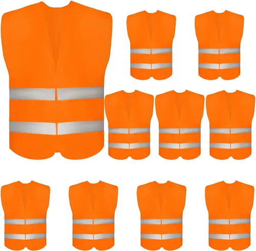 DUSKCOVE Paquete de 10 chalecos de seguridad de alta visibilidad con 2 tiras reflectantes Hi Vis para hombres y mujeres, chalecos de construcción