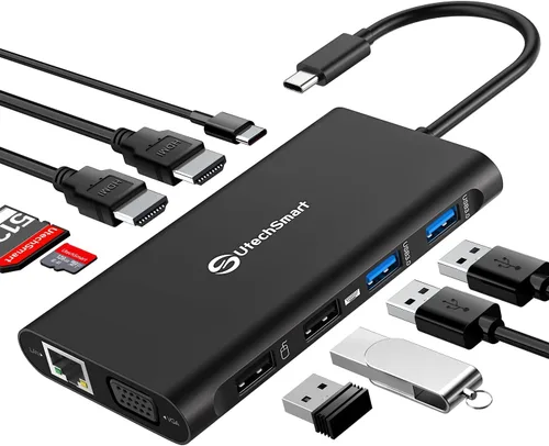 UtechSmart Estación de Acoplamiento para Laptop con Triple Monitor USB-C - Muelle de 11-en-1 con 2 HDMI, VGA, PD3.0, Ranura para Tarjeta SD/TF, 4