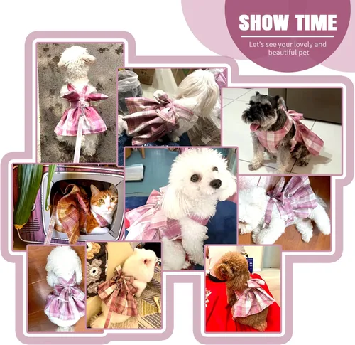 Miniatura 5 de PETCARE Vestido de perro a cuadros con pajarita y arnés para perros pequeños, gatos, niñas, lindos vestidos de princesa para perro, primavera, Rosa