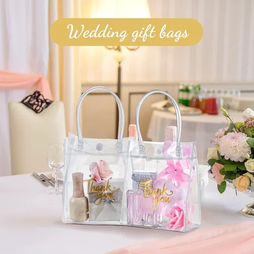 Miniatura 7 de Leinuosen - 50 bolsas de regalo transparentes con asas de 5.9 x 5.1 x 2.76 pulgadas, bolsas de agradecimiento de PVC transparente, suministros