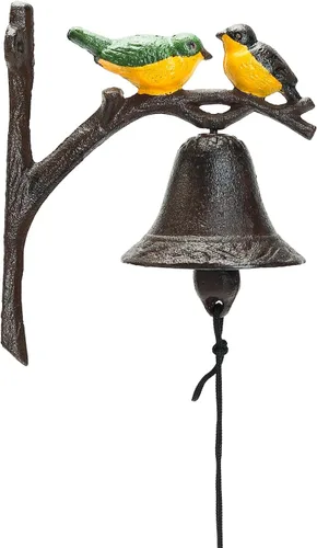 Sungmor Campana de cena de hierro fundido, campana de puerta exterior de granja, campana colgante de pared, antiguo color encantador pájaros