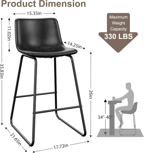 Miniatura 2 de REONEY Juego de 2 taburetes de bar de piel sintética de 26 pulgadas, taburetes de bar modernos con patas de metal y reposapiés, sillas urbanas sin