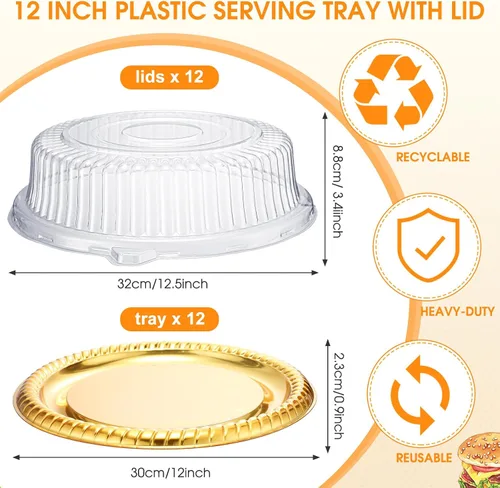 Miniatura 2 de Nitial 12 Piezas Bandejas de Servicio Resistentes con Tapa Transparente, Bandejas Redondas Elegantes Doradas para Catering Desechables Platos