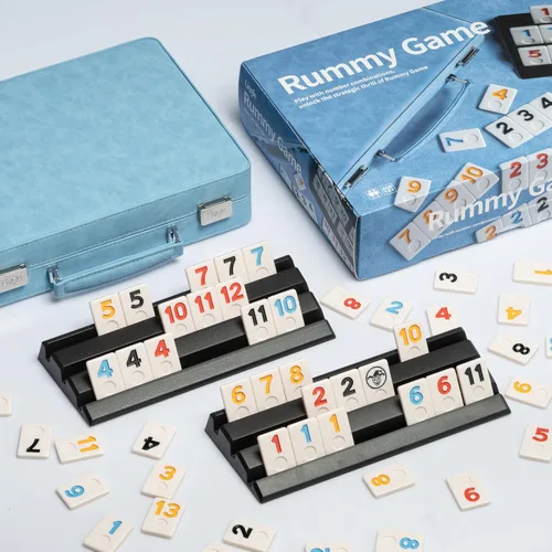 Miniatura 4 de Juego de Rummy, 2 a 4 jugadores con 106 fichas y 4 bastidores, juego de viaje Rummy con funda de piel sintética, divertidos juegos de mesa clásicos