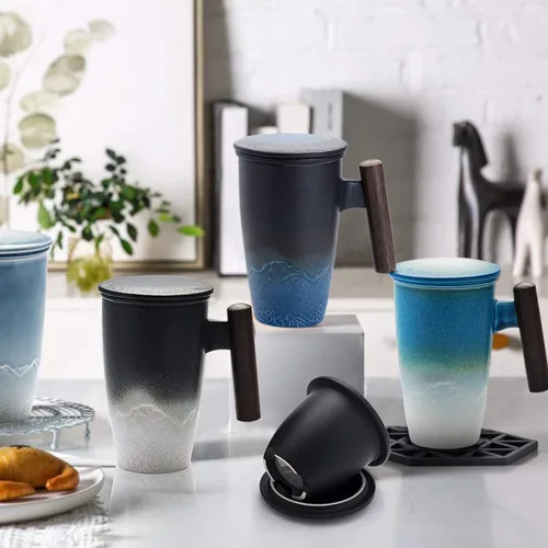 Miniatura 7 de suyika Tomotime - Taza de té de cerámica con infusor y tapa, asa de madera, 13.5 onzas (400 ml) (Azul cian)