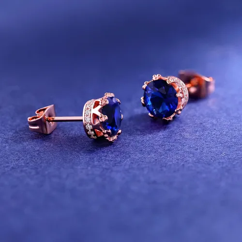 Miniatura 16 de MDFUN Aretes chapados en oro rosa para mujer, 0.236 in, corona brillante redonda, piedra natal, regalo de cumpleaños