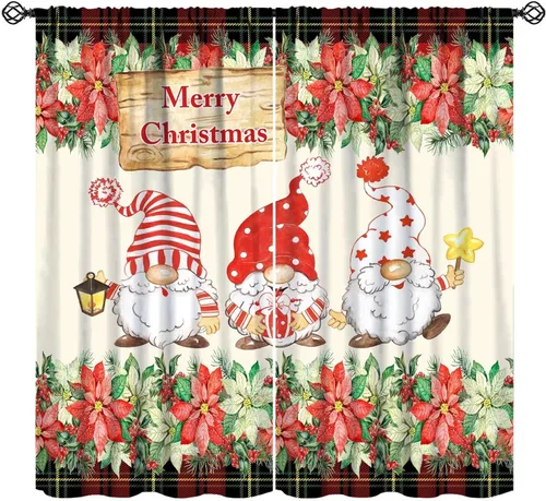Miniatura 11 de Cortinas de Navidad de gnomo, bolas de árbol de Navidad, luces, regalos, decoración de tablones para sala de estar, dormitorio, bolsillo para barra