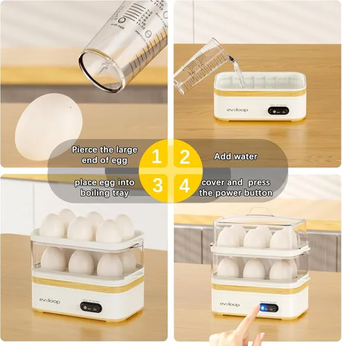 Miniatura 6 de Evoloop Olla de Huevos Rápida Eléctrica de 12 Huevos de Capacidad, para Huevos Blandos, Medianos, Duros, Escalfados, Fabricante de Tortillas, Blanco