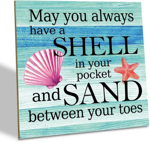 Letrero de madera con texto en inglés "May You Always Have a Shell in Your Pocket and Sand between Your Toes", letrero de playa de madera, Signo de