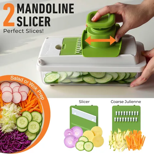 Miniatura 5 de Mueller Cortador de verduras de 9 cuchillas, mandolina para rebanar, picador de verduras, rallador de queso, cortador de cebolla con recipiente
