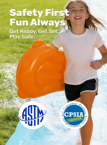 Miniatura 5 de Sloosh Tobogán acuático de 32.5 pies con 2 tablas inflables, aspersor de agua de doble carril para niños, adultos, patio trasero, juguete de verano