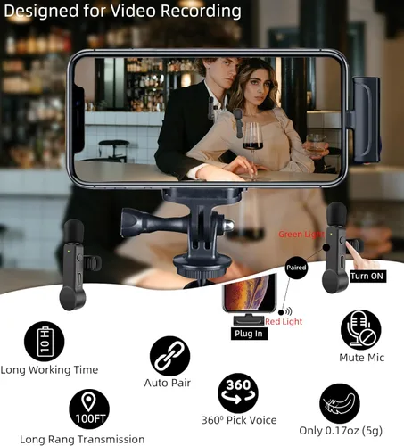 Miniatura 2 de NPTCL Paquete de 2 micrófonos Lavalier USB C inalámbrico Lav Mic para teléfono Android Cancelación de ruido Mini micrófono de solapa tipo C