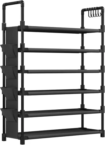 Miniatura 7 de Mavivegue Zapatero de 6 niveles para 25-30 pares de zapatos, zapatero de metal con gancho y bolsillo lateral para armario, entrada, pasillo