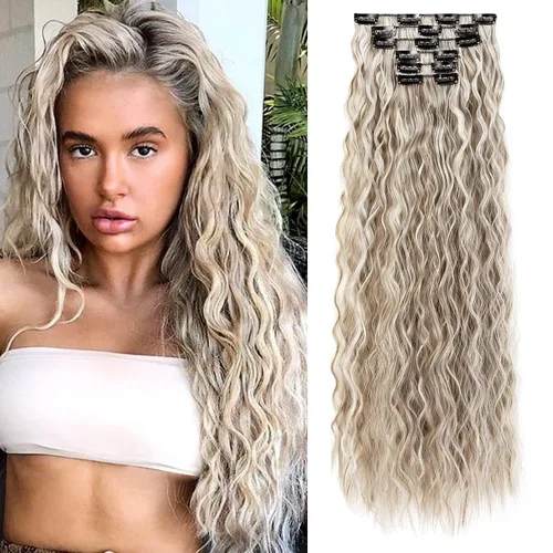 Miniatura 17 de LONAI - Extensiones de cabello con clip, 6 piezas, rizadas, de 24" de largo, sintéticas, para mujer, color rubio ceniza natural