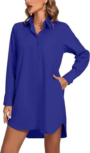 Miniatura 8 de LYANER Vestido camisero para mujer con cuello en V, botones, manga larga y dobladillo curvado