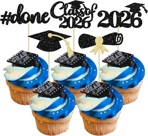 Miniatura 44 de Gyufise 24 piezas Adornos para pastel de graduación 2026 con purpurina negra, clase de 2026, adornos para magdalenas con gorra de graduación