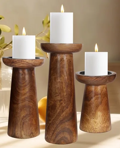 Miniatura 23 de Juego de 3 portavelas de pilar de madera hecho a mano, ideal para velas LED y pilares, regalo para bodas, Navidad, fiestas, hogar, spa, reiki