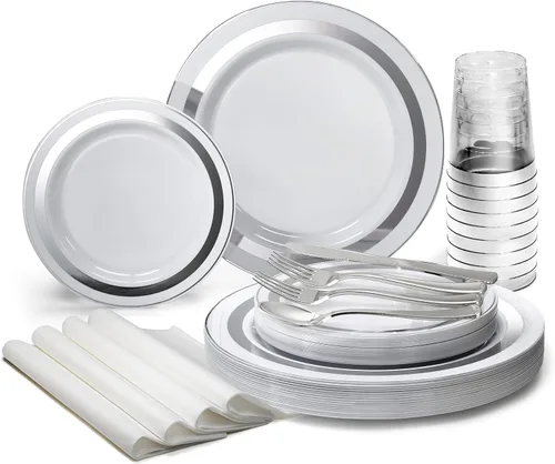 Miniatura 6 de OccasionS Paquete de 120 platos, (60 invitados), juego de platos de plástico desechables de alta calidad para bodas, 60 x 10.5 pulgadas, cena + 60