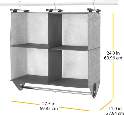 Miniatura 3 de Whitmor Estantería organizadora de armario de tela de 4 secciones con barra de ropa de cromo incorporada Gris claro + gris oscuro