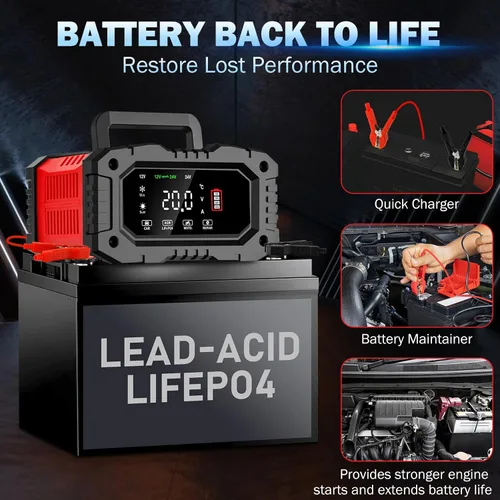Miniatura 6 de Cargador de batería de coche de 20 amperios, LiFePO4 de 12V/20A y 24V/10A, plomo ácido (AGM/Gel/SLA), cargador inteligente automático de goteo