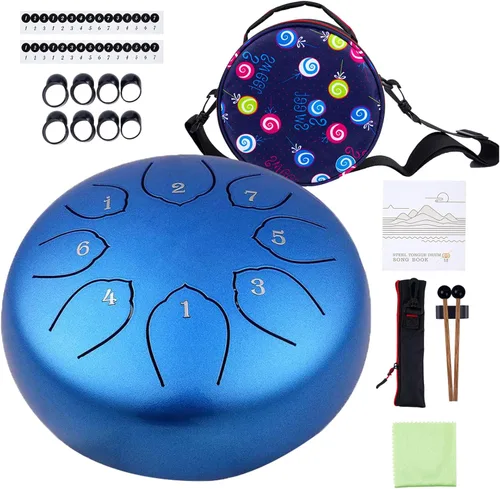 Tambor de lengua de acero para niños: juego de tambores de tanque musicales de metal de 6 pulgadas, 8 notas, tecla C para meditación, yoga, Azul