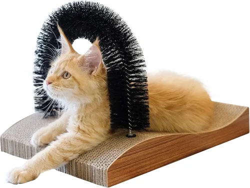 FUKUMARU Auto peluquero para gatos, versión 2.0, rascador de cara de arco de gato con almohadilla rascadora, masajeador de espalda de gatos, cepillo
