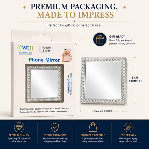 Miniatura 11 de Wireless City Espejo cuadrado para teléfono, espejo de maquillaje con diamantes dorados con circonita cúbica, adhesivo de espejo de 2.0 in