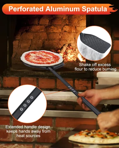 Miniatura 3 de 6 piezas de cáscara de torneado de pizza, cáscara de pizza perforada de 9 y 12 pulgadas, cepillo para pizza, rastrillo de cenizas, tenedor giratorio