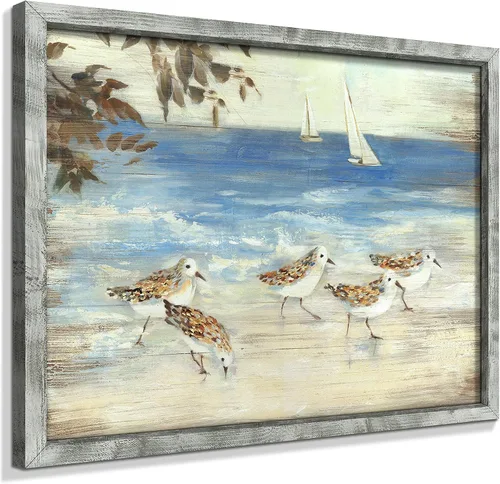 Miniatura 13 de Pintura enmarcada de paisaje marino: arte abstracto del océano, imagen costera, impresiones de veleros en madera en estilo moderno para decoración