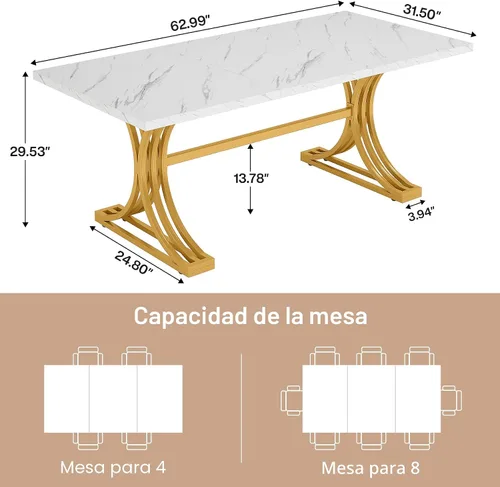 Miniatura 2 de Tribesigns Mesa de comedor rectangular de 63 pulgadas para 4 a 6, mesas de cocina modernas con elegantes patas de caballete de metal, mesas grandes