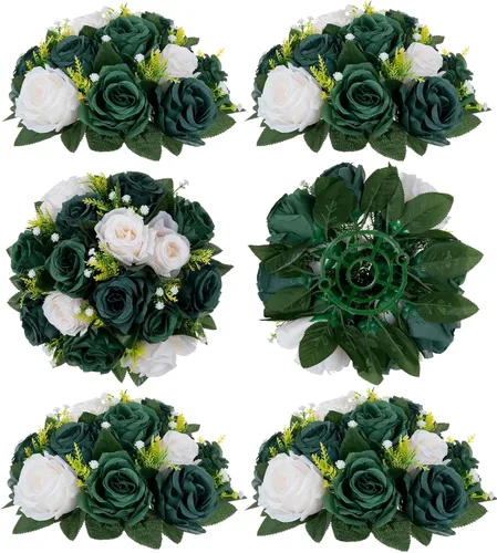 Miniatura 55 de BLOSMON Bolas de flores, centros de mesa de rosas de boda: 2 piezas de flores falsas carmesí decoración de bolas de besos Arreglos florales