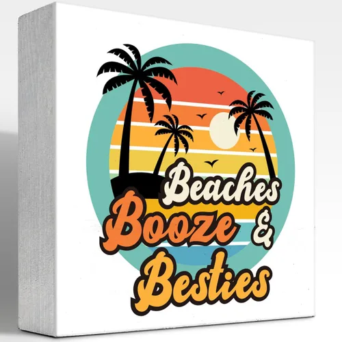 Decoración de escritorio de verano, Beaches Bozze and Besties Retro Sunset de madera de doble cara para decoración de escritorio, caja de madera