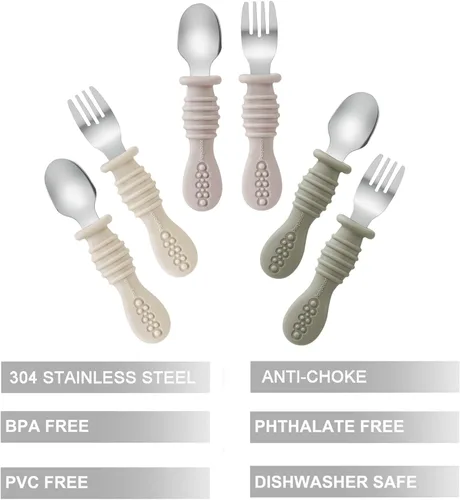 Miniatura 2 de PandaEar Juego de 6 utensilios de tenedor y cuchara para niños pequeños, cubiertos de silicona de acero inoxidable para bebés y niños, sin BPA